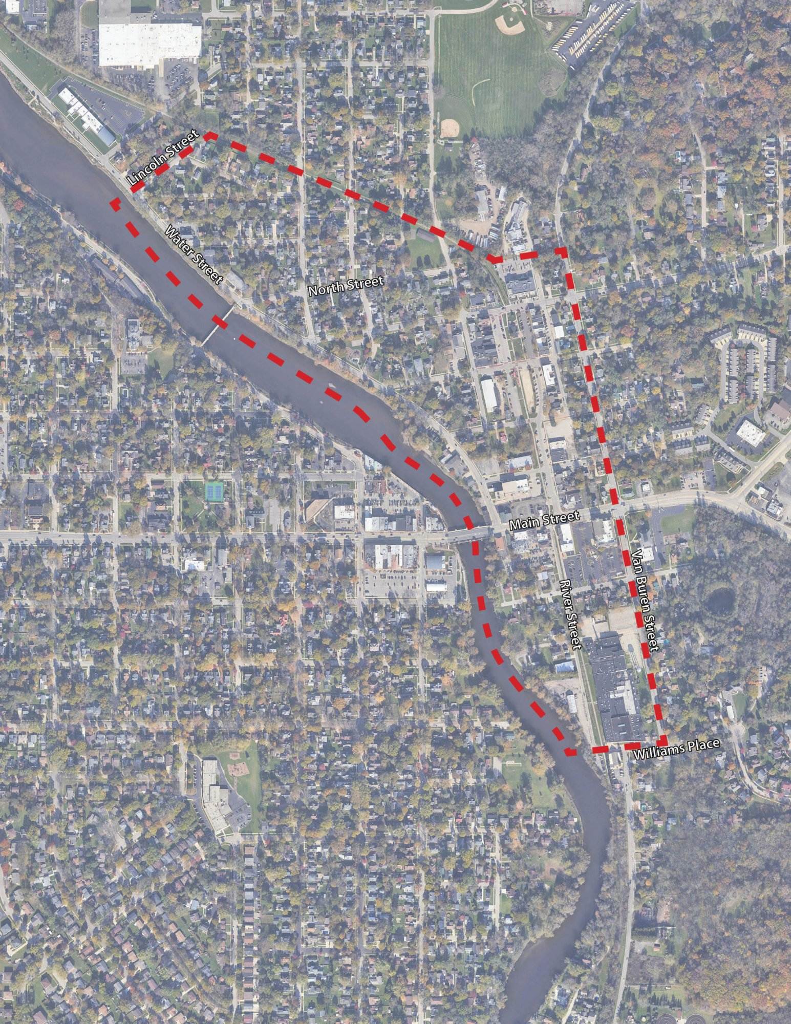 Aerial map showing limits of planning area. The planning area starts north on Lincoln Street and extends south to Williams Place. The western border is the Fox River and it extends east to Van Buren Street.
